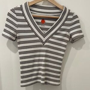 Anthropologie Striped V-Neck Ribbed Top brown/white
